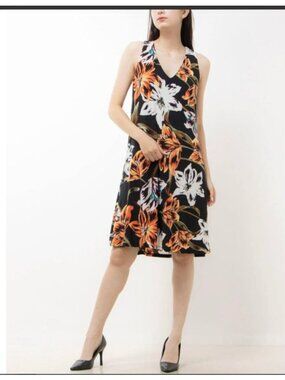 Anne Klein Sleeveless Floral Dress Orange  Black  knit Size 10 New $99